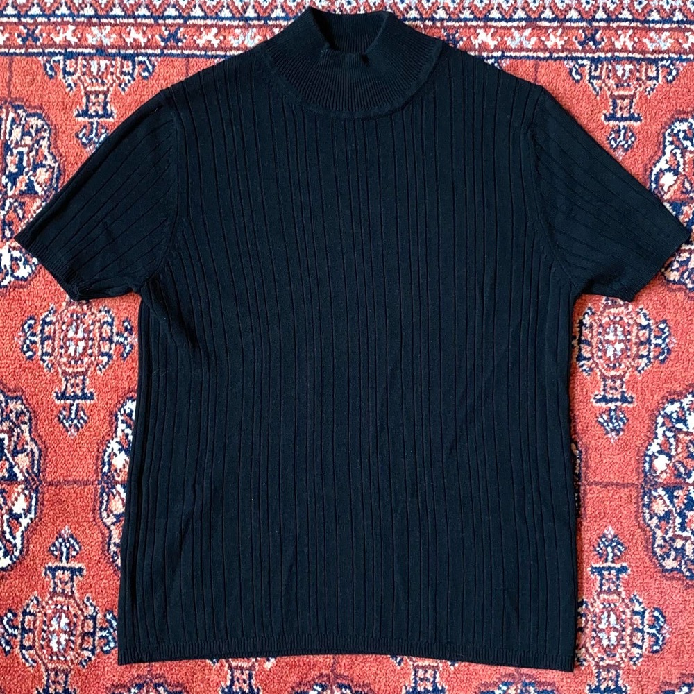 VTG CHAUS Size PS Black Cable Knit Mock Turtleneck Short Sleeve Pullover Top